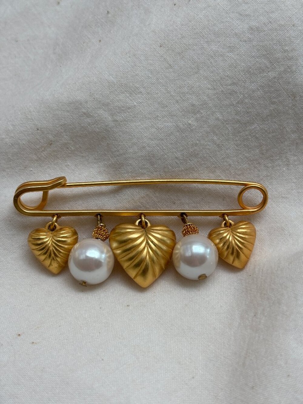 Vintage Gold Tone + Pearl Safety Pin Brooch